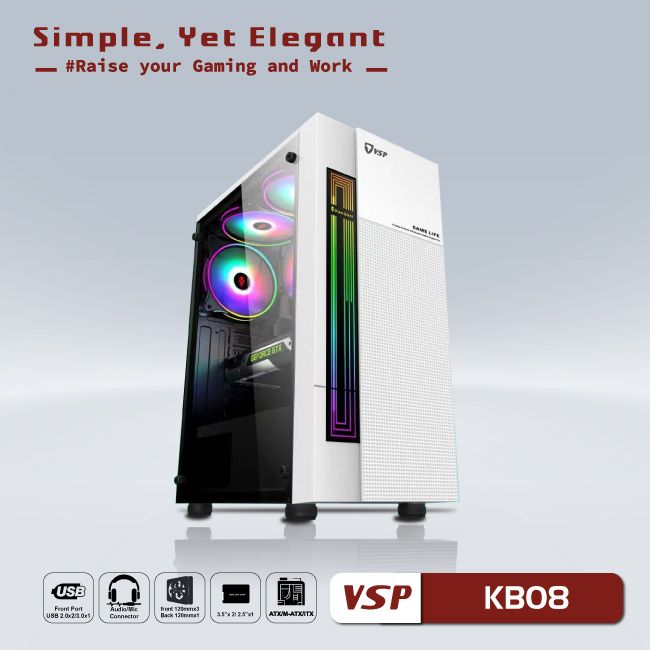 VỎ CASE MÁY TÍNH VSP - ESPORT GAMING KB08 CÓ SẴN LED RGB- JL - HÀNG CHÍNH HÃNG