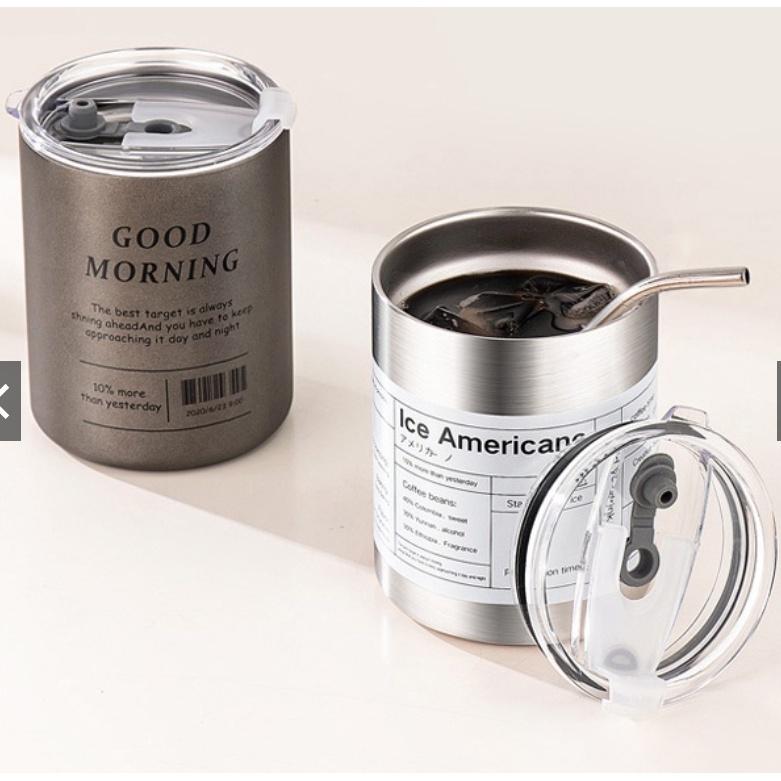 Cốc giữ nhiệt Iced Americano,good morning thể tích 650ML/300ML,làm bằng inox,có ống hút