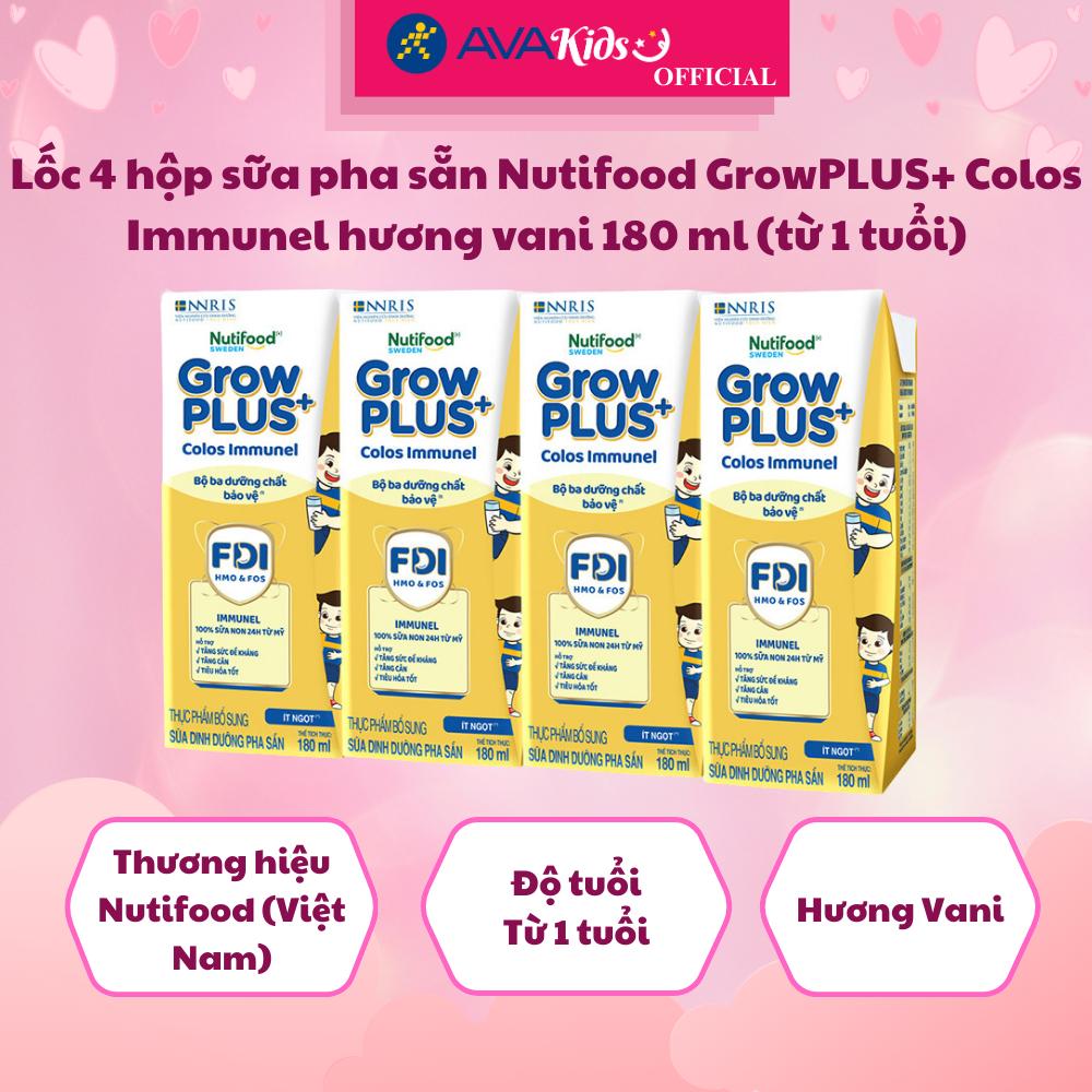 Lốc 4 hộp sữa pha sẵn Nutifood GrowPLUS+ Colos Immunel hương vani 180 ml (từ 1 tuổi) - Hàng Chính Hãng