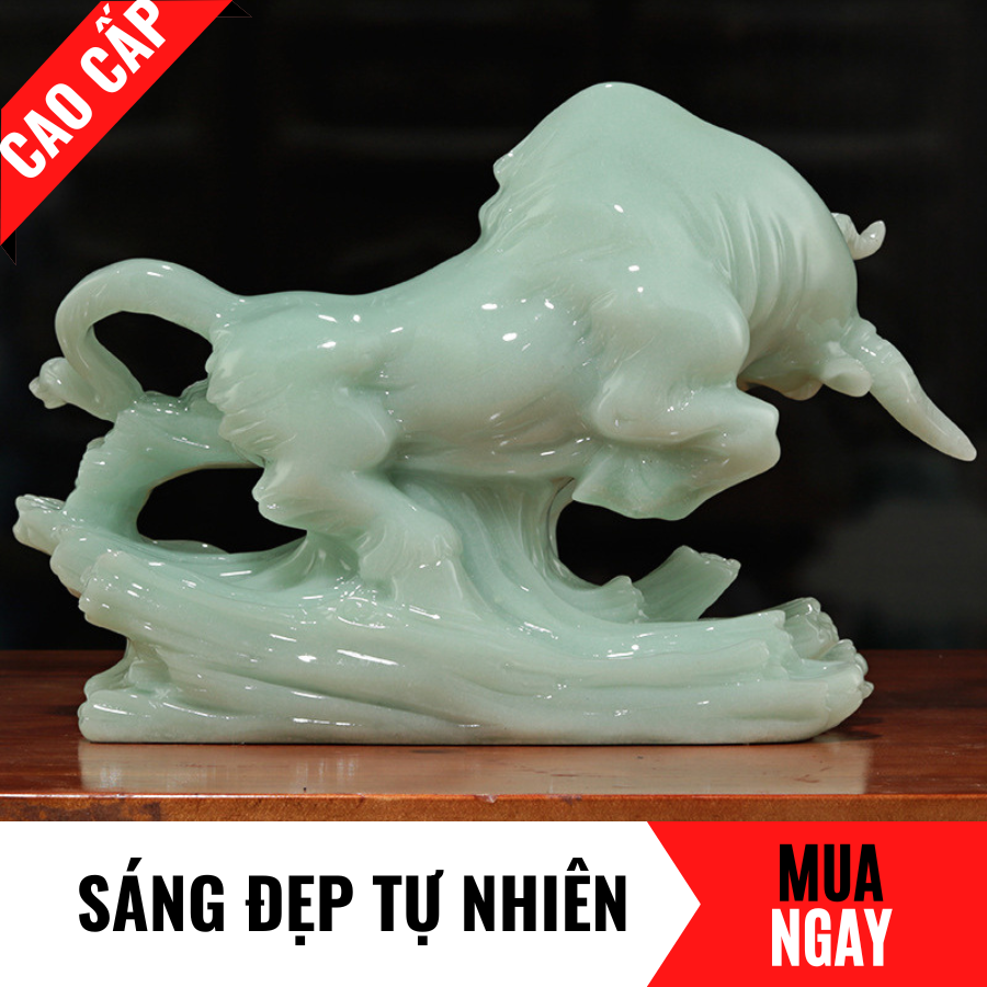 Tượng Trâu Trang Trí Phong Thủy Bằng Đá Hoàng Ngọc Cao 24cm