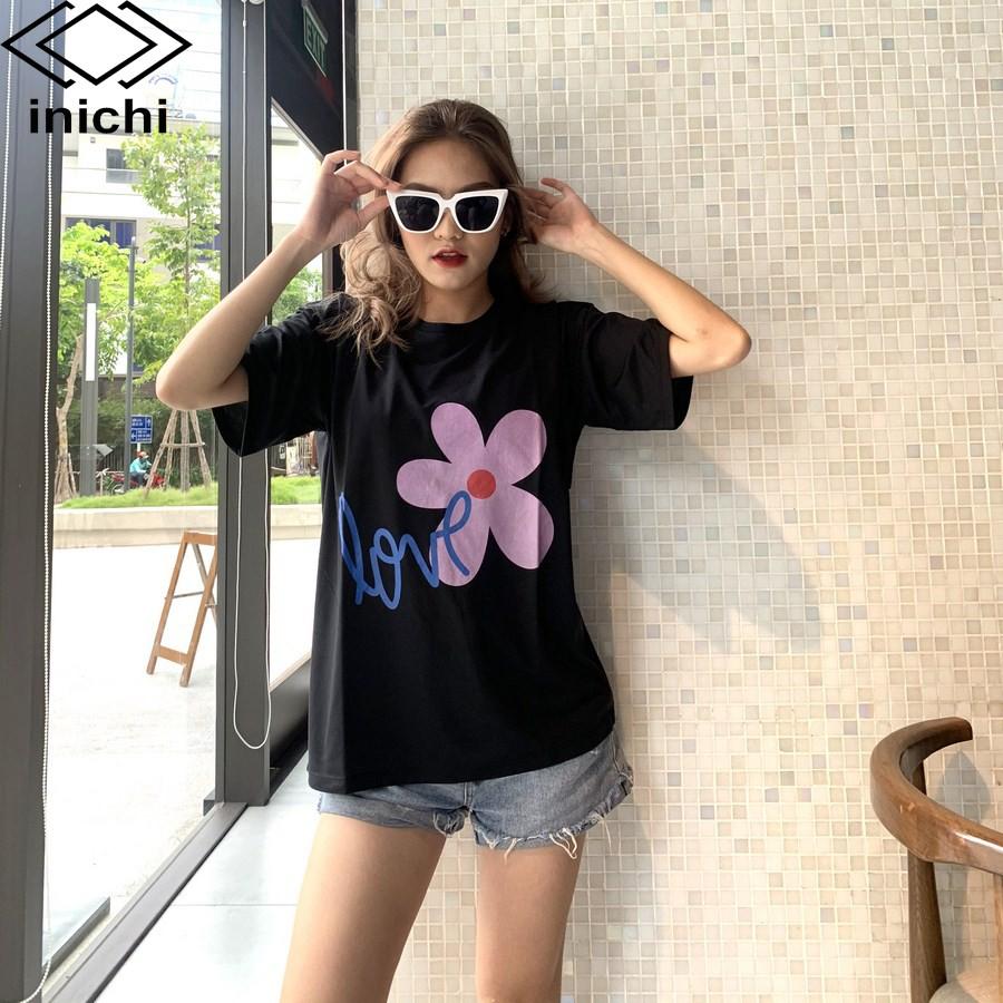 Áo thun unisex INICHI A579 tay lỡ form rộng cá tính in hình Love hoa 5 cánh