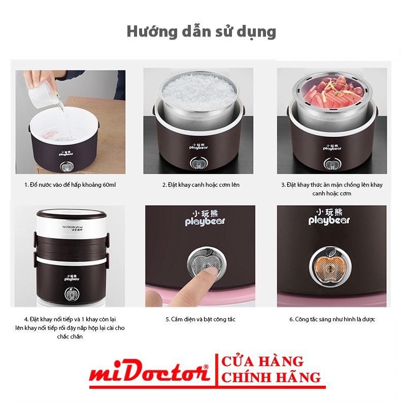 Bộ hộp cơm điện giữ nhiệt 3 tầng, ruột inox cao cấp miDoctor, cà men hâm nóng thức ăn + Tặng kèm túi giữ nhiệt