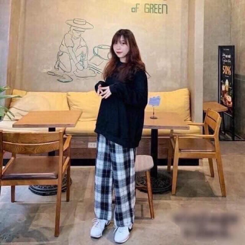 Quần Kẻ Nữ Cạp Chun Caro Lưng Cao Dáng Rộng Ống Suông ulzzang full màu hot Bống Store