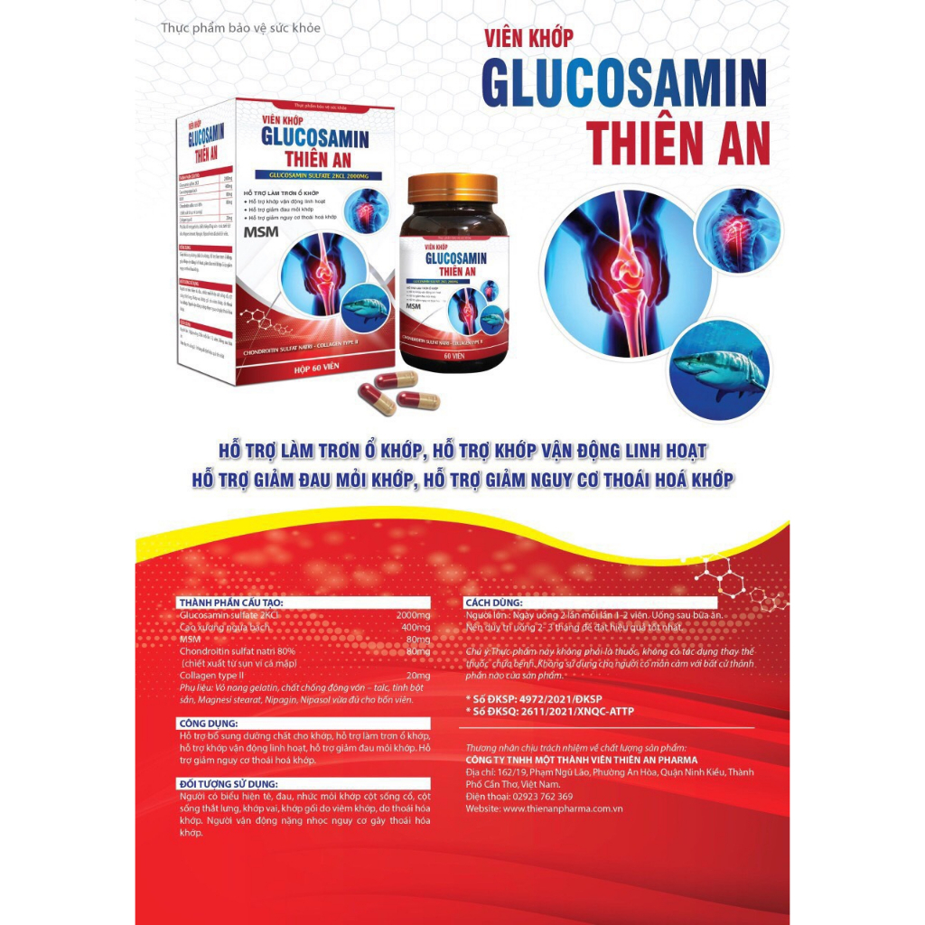 Viên Khớp Glucosamin Thiên An Hỗ Trợ Bổ Sung Dưỡng Chất Cho Khớp, Hỗ Trợ Làm Trơn Ổ Khớp, Hỗ Trợ Khớp Vận Động Linh Hoạt