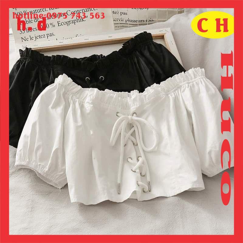 áo croptop trễ vãi nữ, áo croptop kiểu oze tay bồng có dây nơ tiểu thư cá tính, áo hai màu basic dễ phối đồ