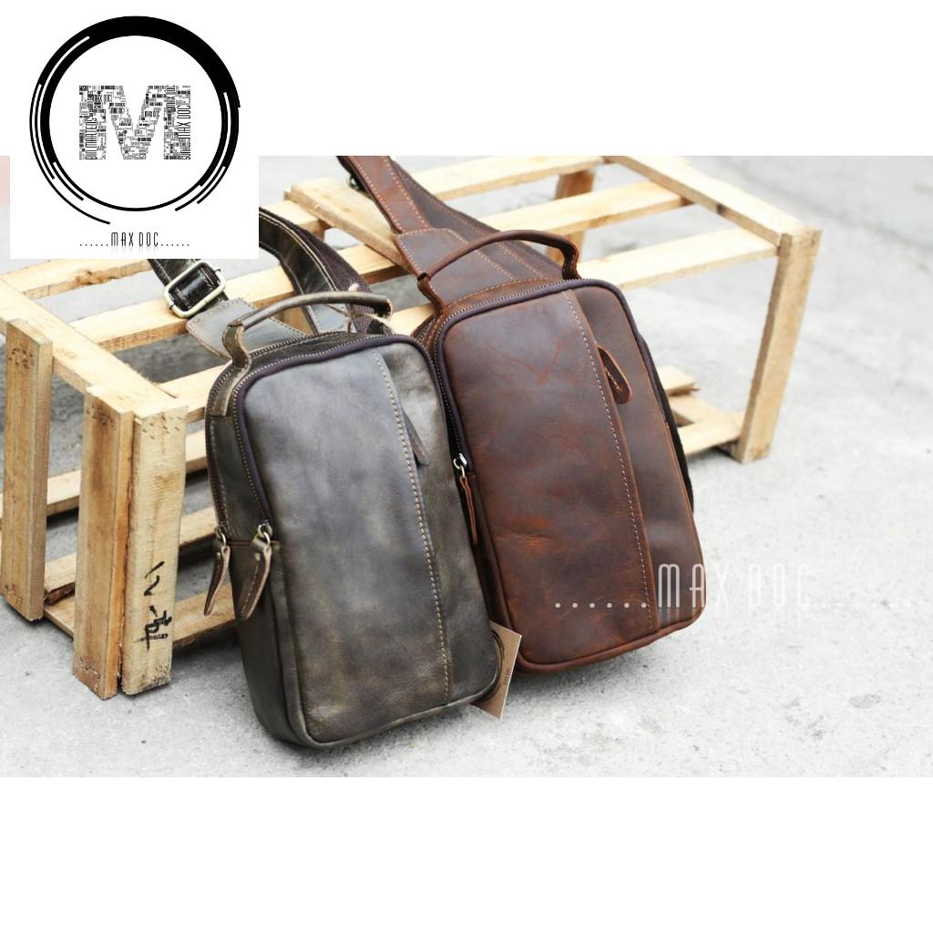 Cặp  Sling Bag Quai Đeo Lưng, Đeo Ngực Chất Liệu Da Bò Thật Nguyên Tấm, Loại Da Sáp Mã C17 - Max Độc