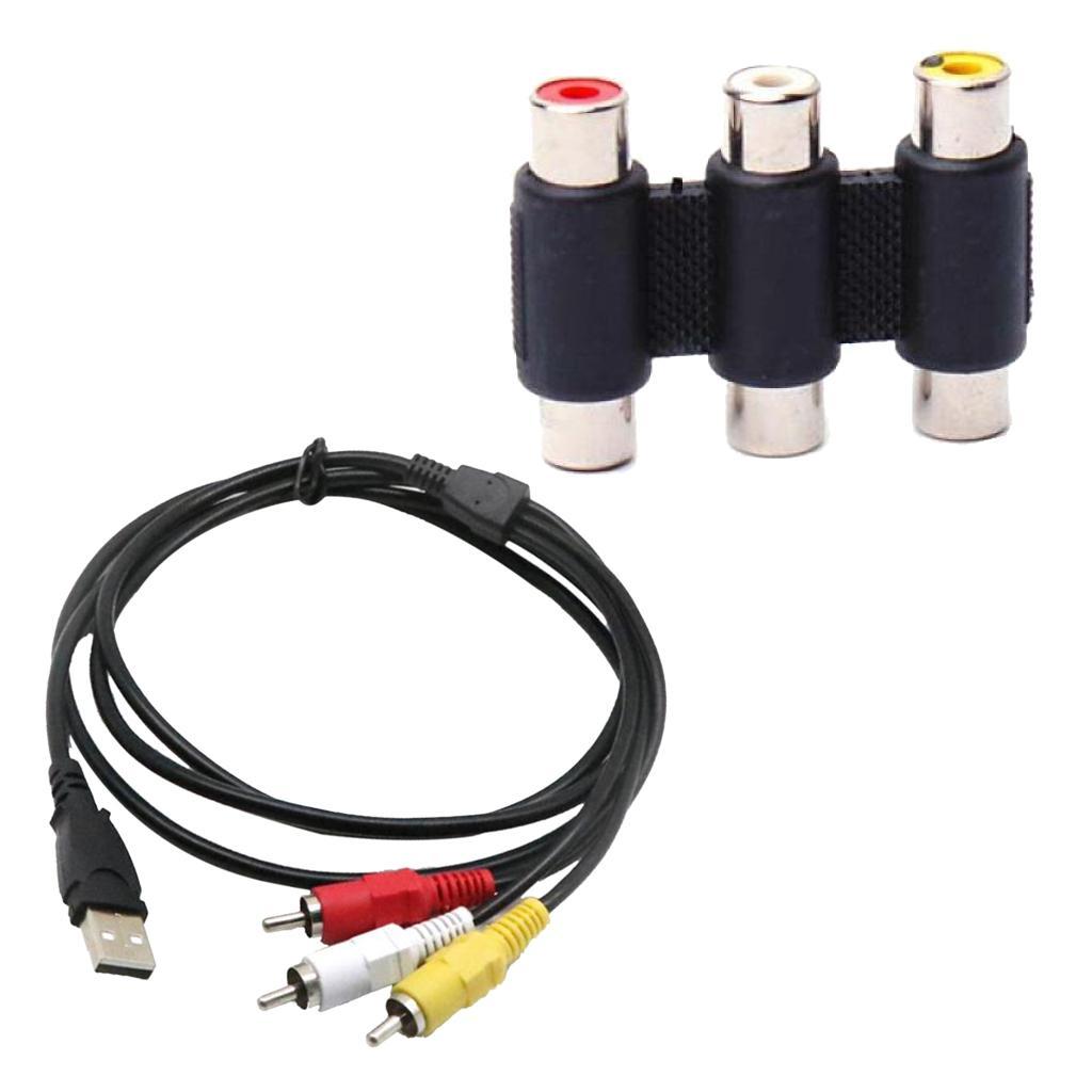 USB to 3 RCA RGB Video AV A/V Cable for HDTV TV Television Splitter Cable Adapter +Female to Female 3 RCA Connector