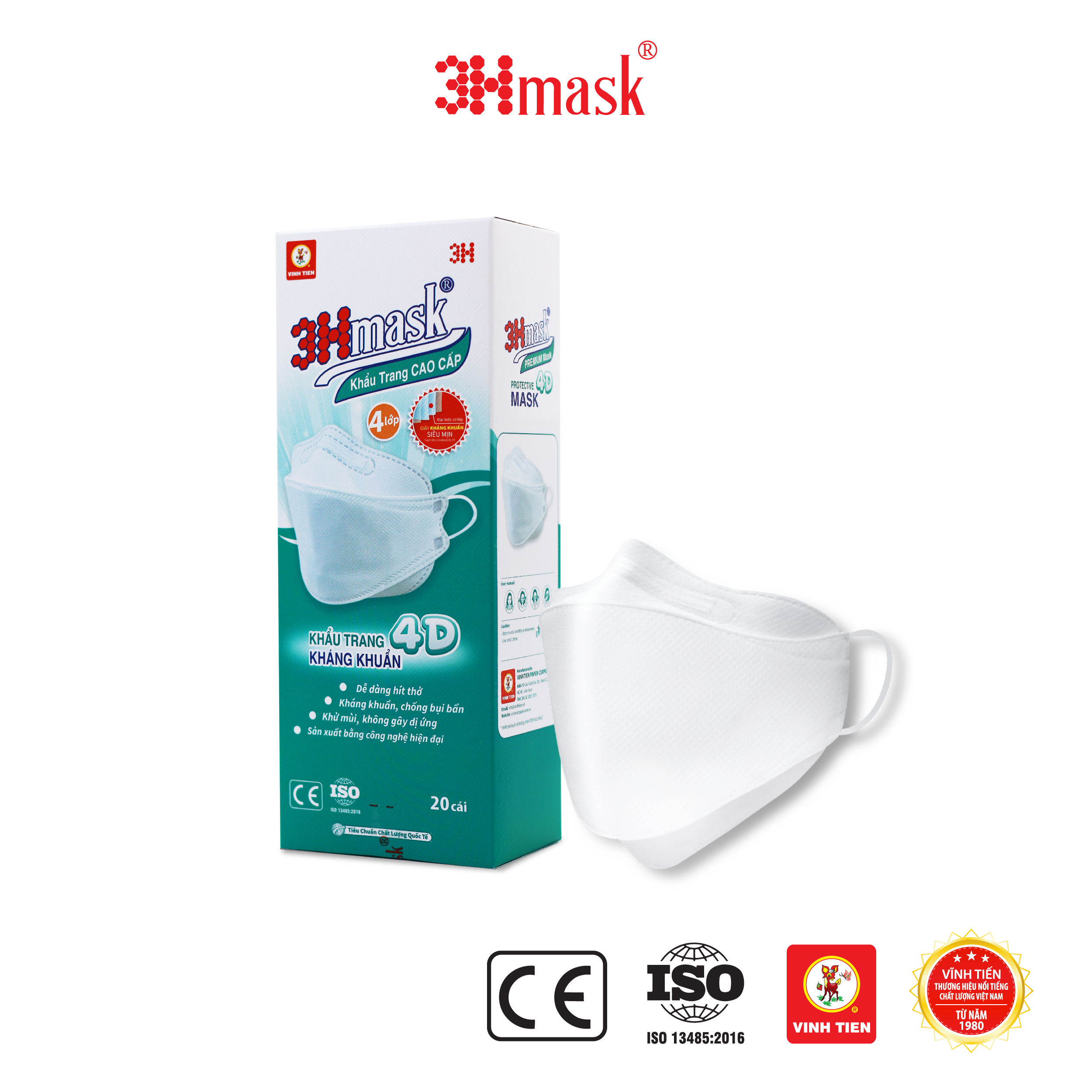 Khẩu Trang 3Hmask 4D Quai Tròn Trắng (20 cái) - Kháng Khuẩn Cao Cấp ôm khít mặt, không lem son