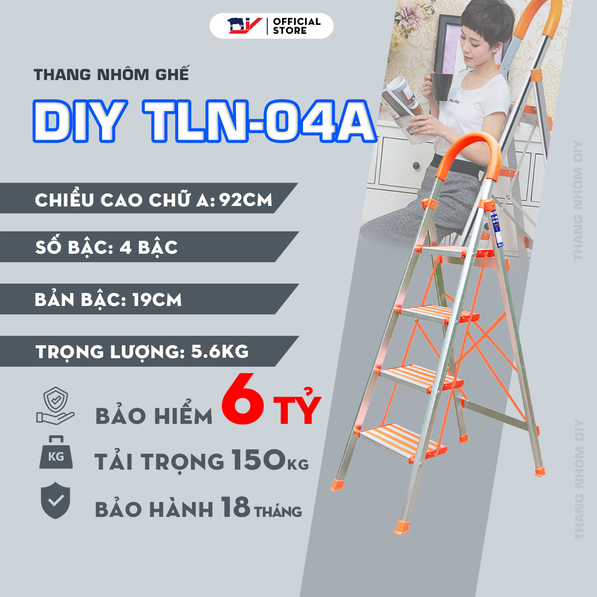 Thang ghế nhôm bản bậc rộng DIY TLN-04A ( 4 bậc) chiều cao sử dụng tối đa 92cm