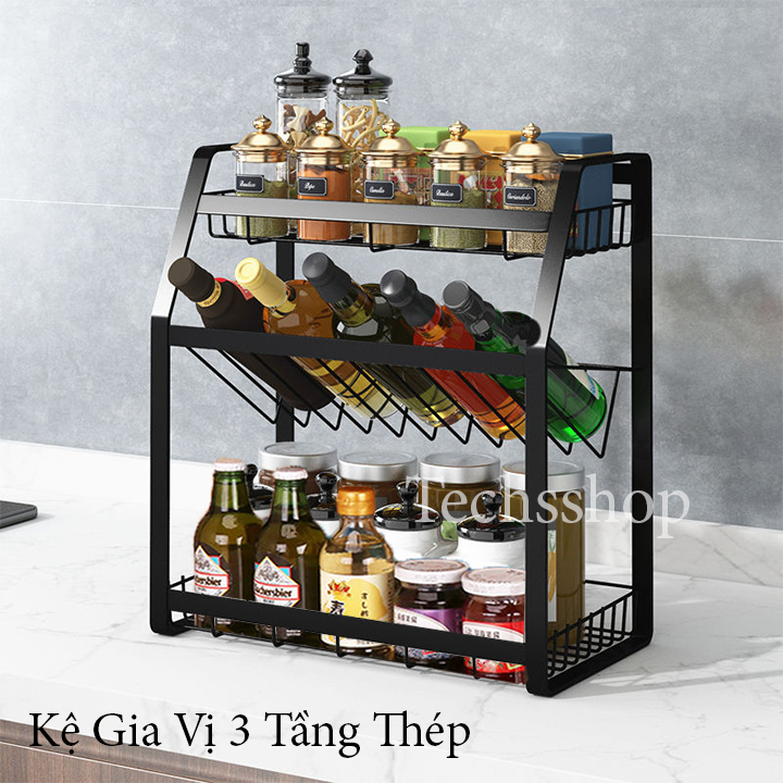 Kệ Gia Vị Để Bàn Bằng Thép Nhiều Tầng Và Nghiêng 45 Độ Với Khung Cứng Chắc Chắn Trong Nhà Bếp