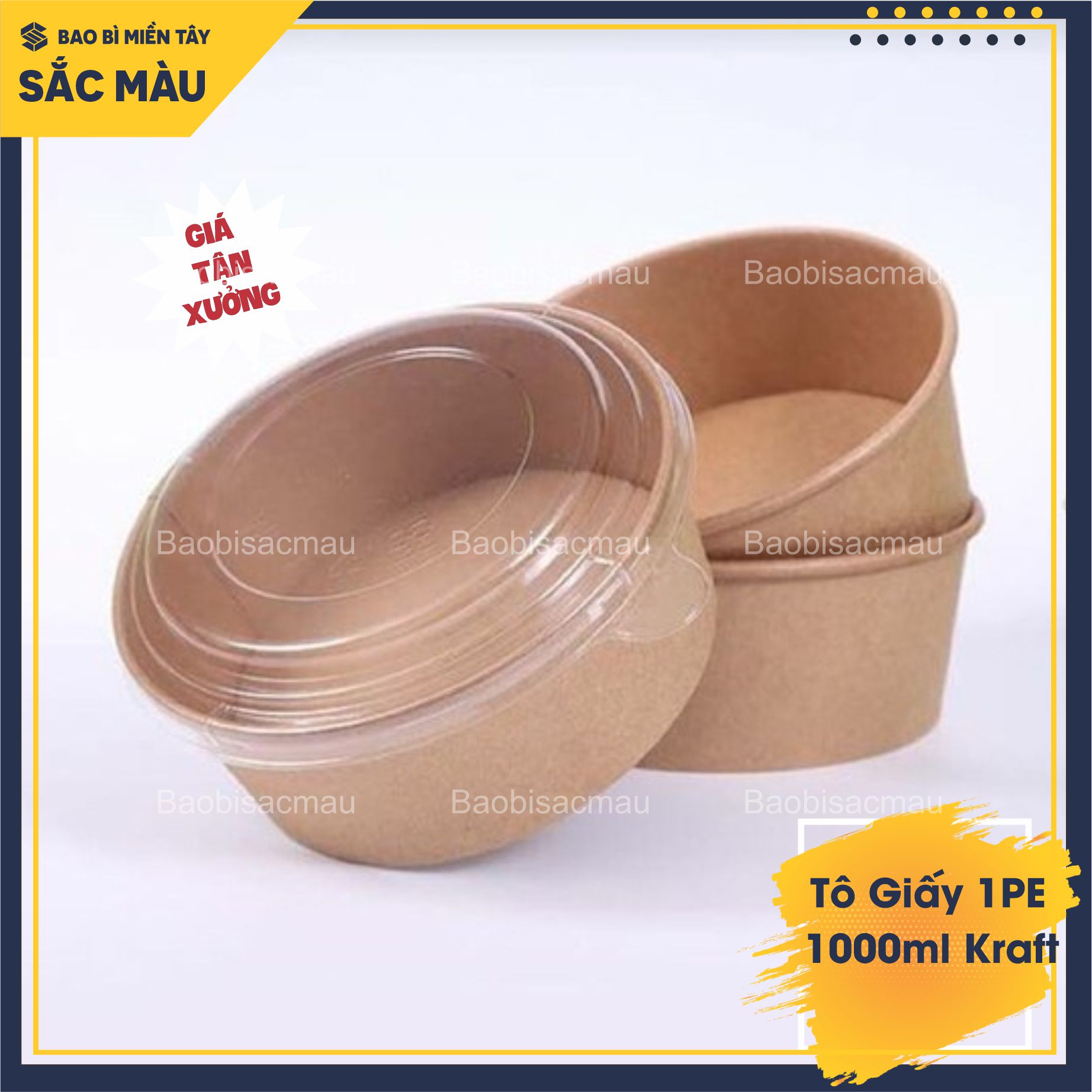 Set 20 Tô giấy Kraft 750ml và 1000ml dùng 1 lần đựng thức ăn có nắp