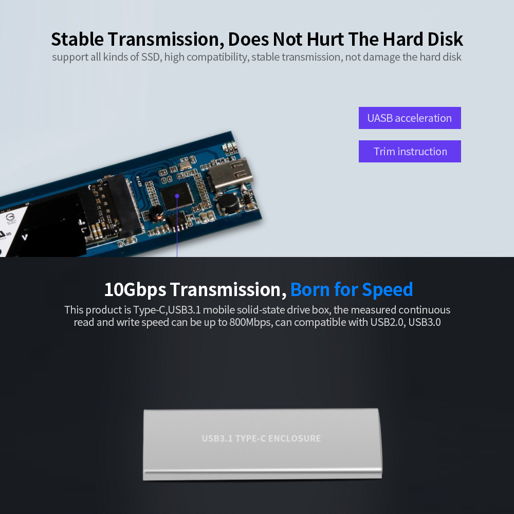 Hộp Ổ Cứng Vỏ Hợp Kim Nhôm M.2 NVMe Đầu Vào USB3.1 Loại C Tốc Độ Cao