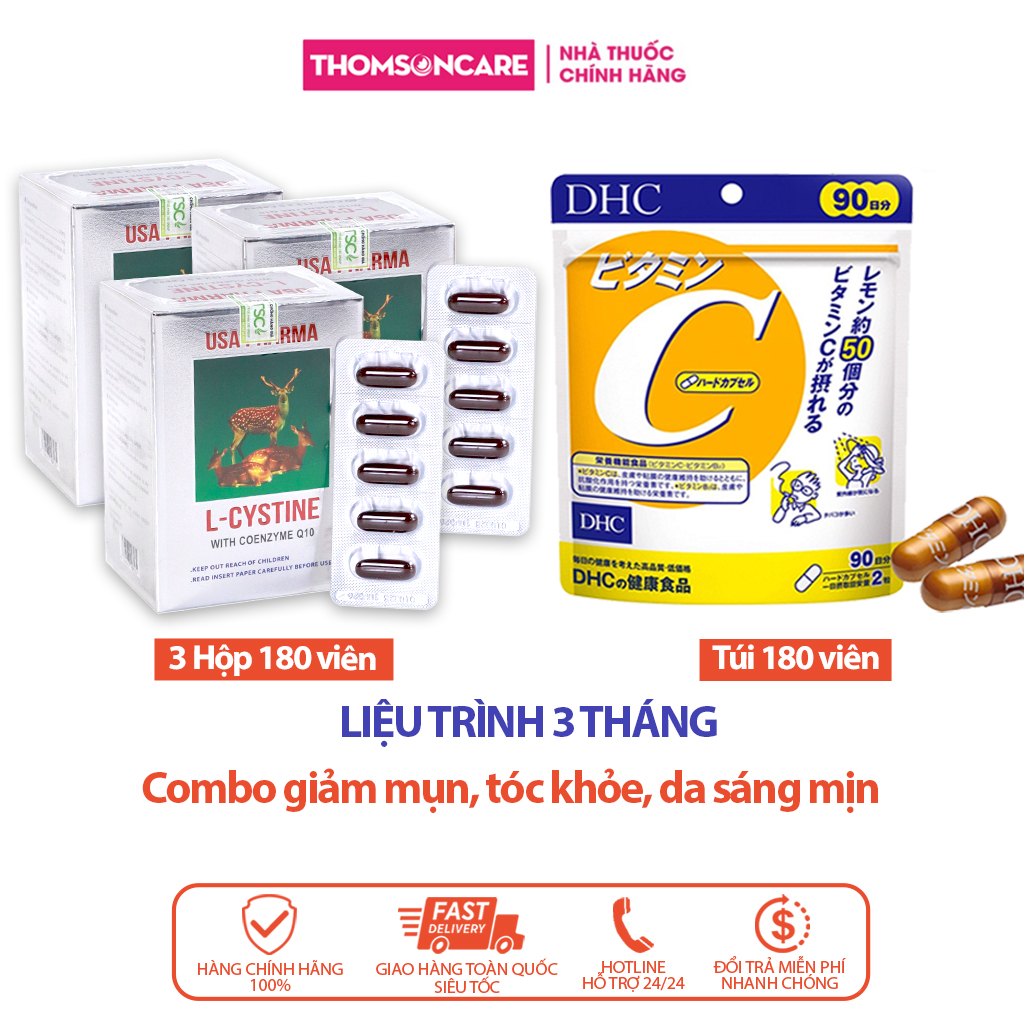Combo viên uống sáng da Lcystine 60V, DHC Vitamin C - Giúp đẹp da, giảm lão hóa, tóc chắc khỏe , hạn chế lão hóa da giảm rụng tóc giảm thâm giảm mụn và da sáng mịn - Thomsoncare