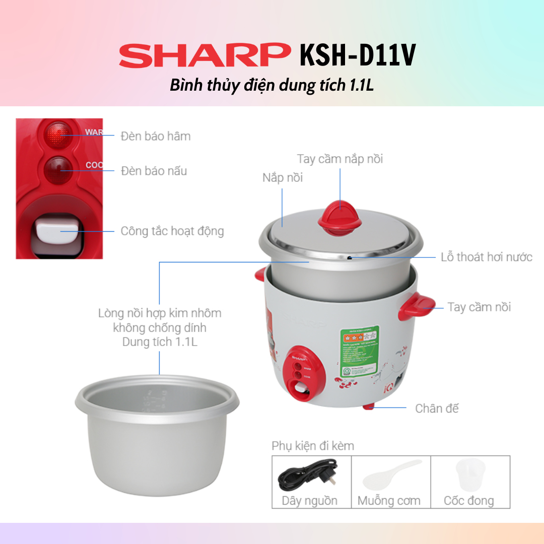 Nồi Cơm Điện Nắp Rời Sharp KSH-D11V (1.1L) - Hàng Chính Hãng -  Màu Ngẫu Nhiên