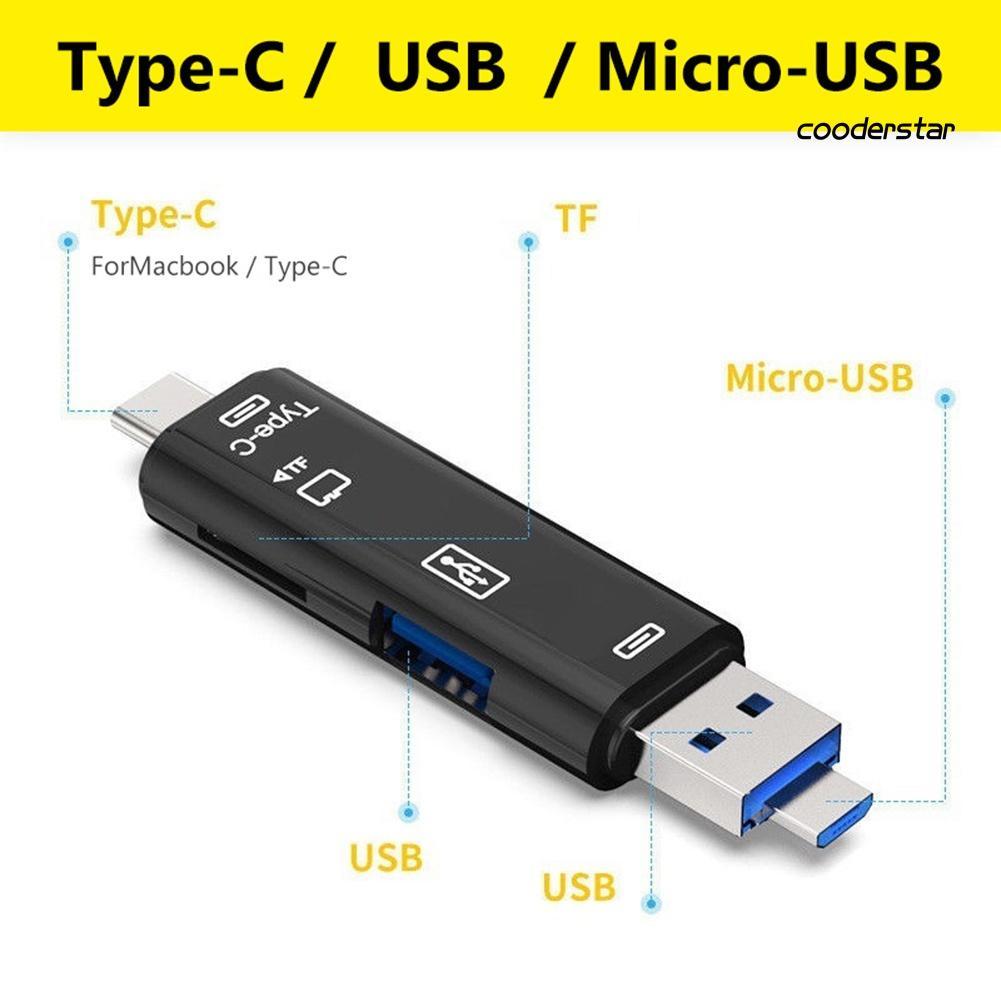 Đầu Đọc Thẻ Nhớ OTG Micro USB Type C TF 5 Trong 1 Đa Năng Cho Android Và Máy Tính Bàn