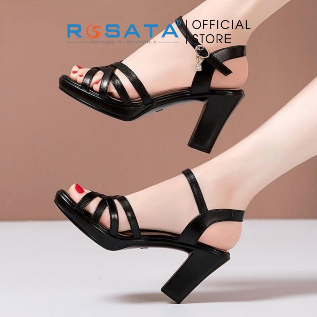 Giày sandal cao gót nữ ROSATA RO387 xỏ ngón mũi tròn phối dây mảnh quai hậu cài khóa gót cao 8cm xuất xứ Việt Nam