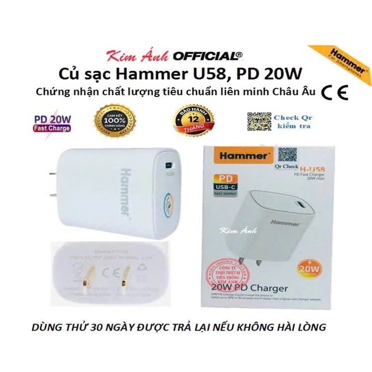 Củ sạcHammer H-U58 sạc nhanh PD 20W, đạt chứng nhận tiêu chuẩn CE, Check Qr kiểm tra hàng chính hãng bảo hành 12 tháng