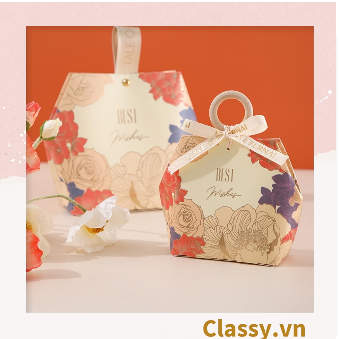 - Hộp giấy đựng quà tặng hình lục giác, họa tiết vintage có gắn quai cầm nhựa hoặc da, Q907