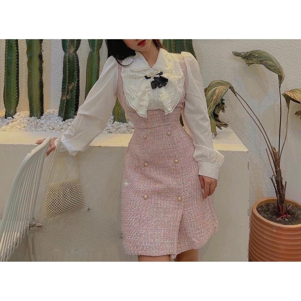 ĐẦM CARO DẠ NÚT NGỌC PHỐI CỔ BÈO REN KÈM TAG HOA - DA2438