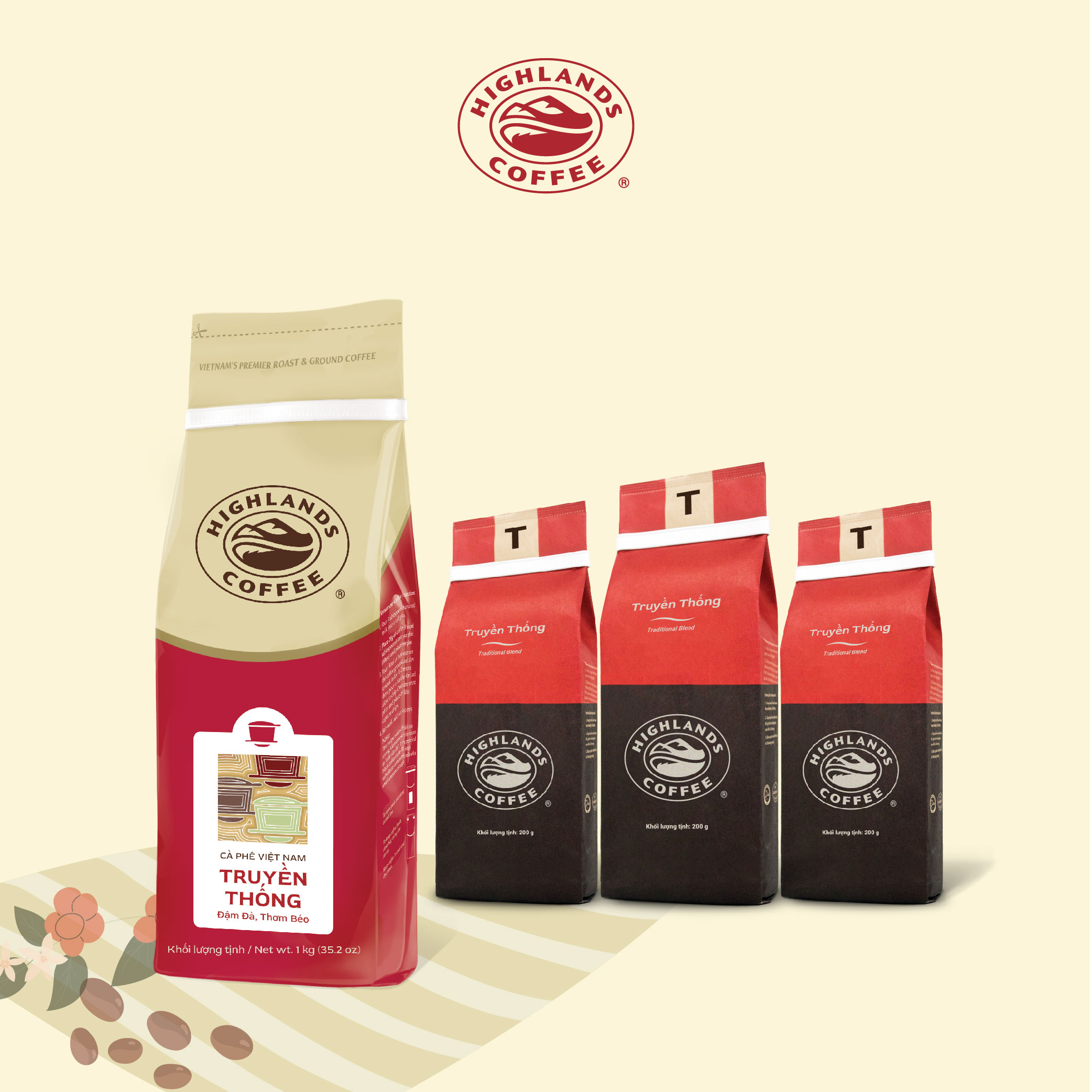[COMBO 4] Cà Phê Bột Truyền Thống Highlands Coffee 1kg và 3 gói 200gr