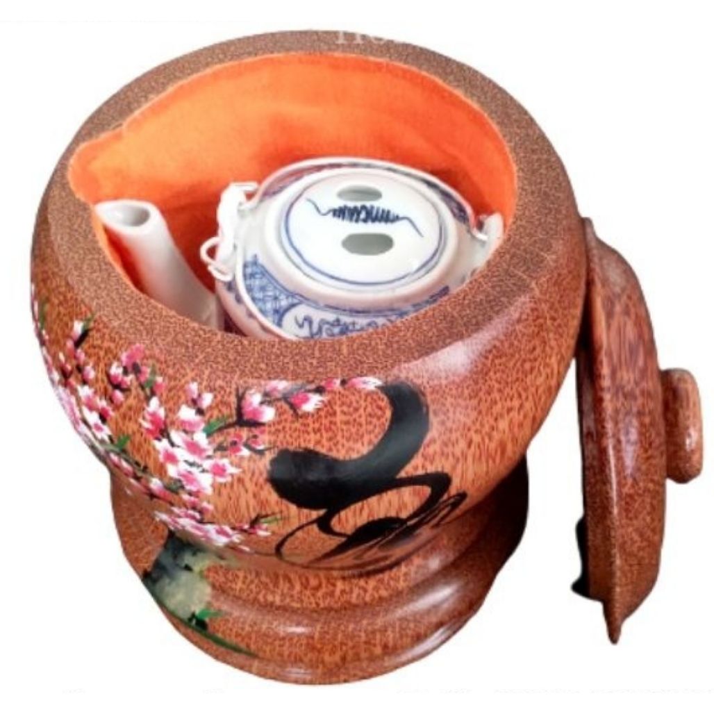Bình Trà Gỗ Dừa Hoa Văn Lồng Chữ Tâm Và Bình Trà 700 - 950ml - Sản Phẩm Được Sản Xuất Tại Bến Tre