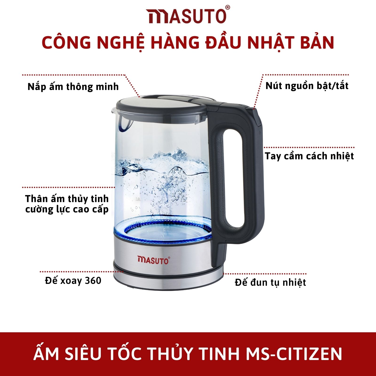 Ấm Siêu Tốc thủy tinh cường lực cao cấp Masuto MS-Citizen18 dung tích 1,8L-HÀNG CHÍNH HÃNG