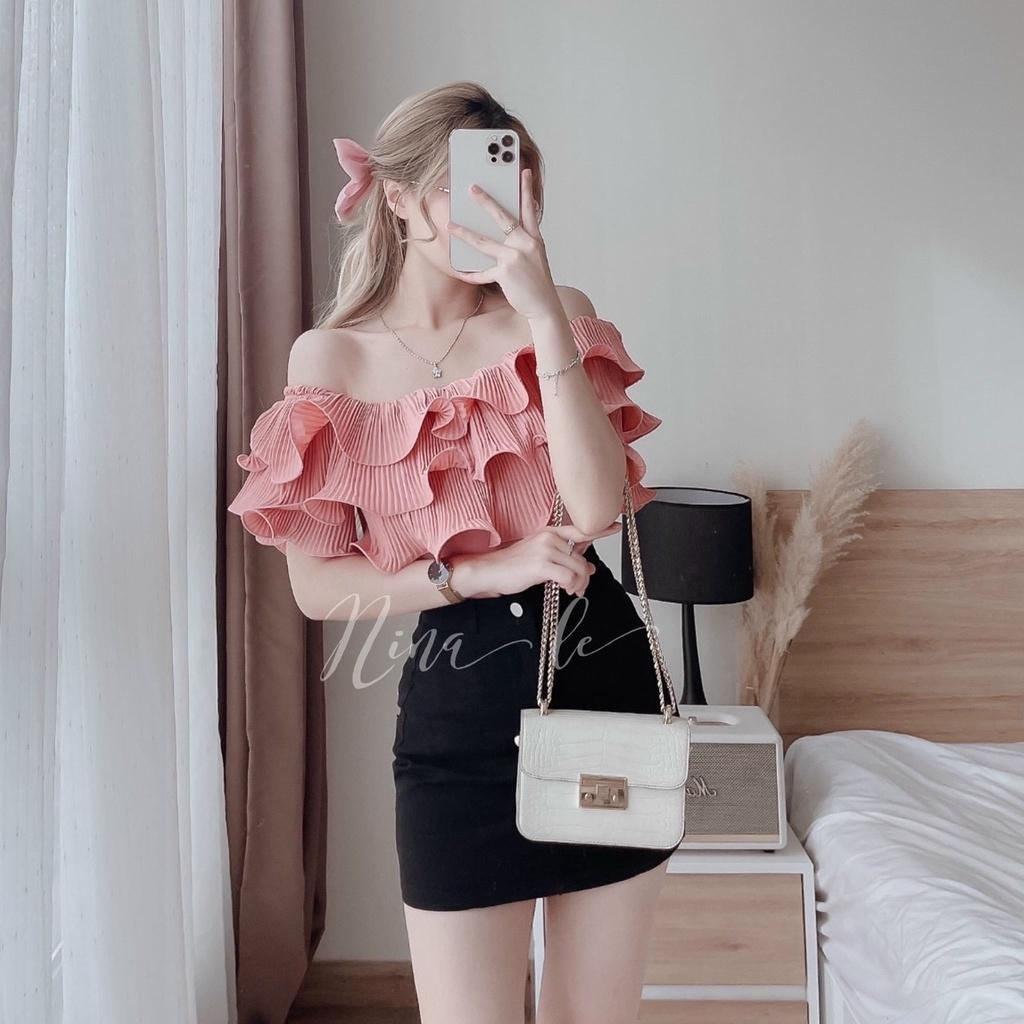 Sét bộ thời trang nữ trễ vai bèo lai croptop phối chân váy tuyết mưa sang chảnh quý phái