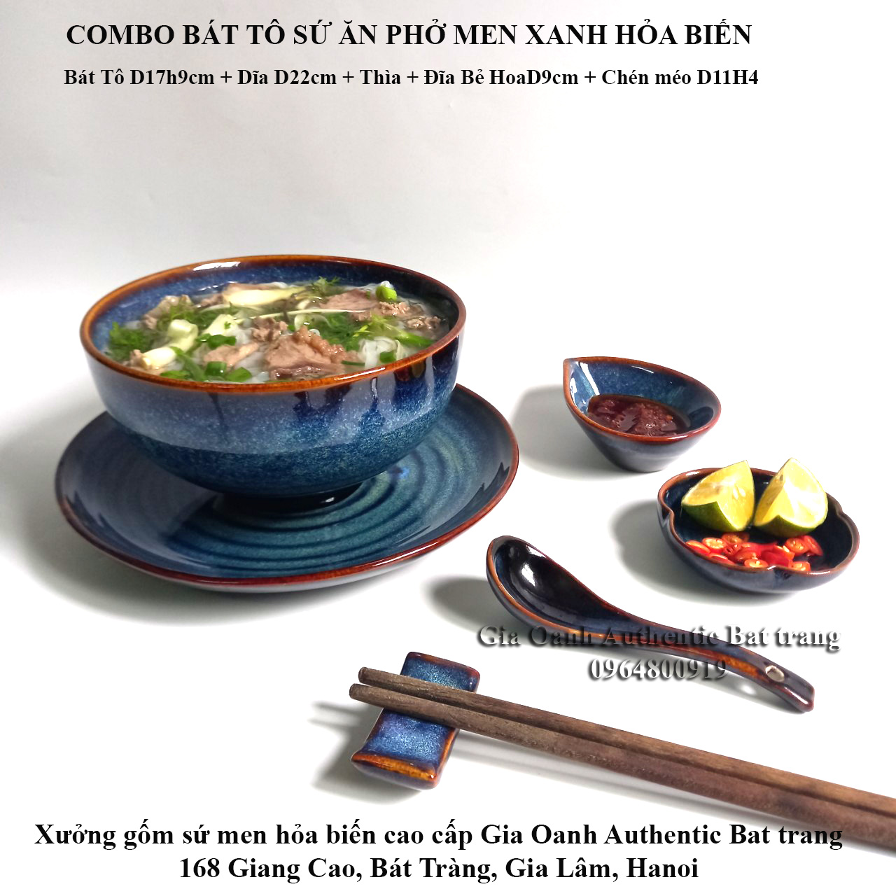 (COMBO) Set bát tô ăn phở - men hỏa biến cao cấp -Tô sứ D17h9+Dĩa D22+Chén Sốt+đĩa ớt chanh - Gốm sứ bát tràng cao cấp