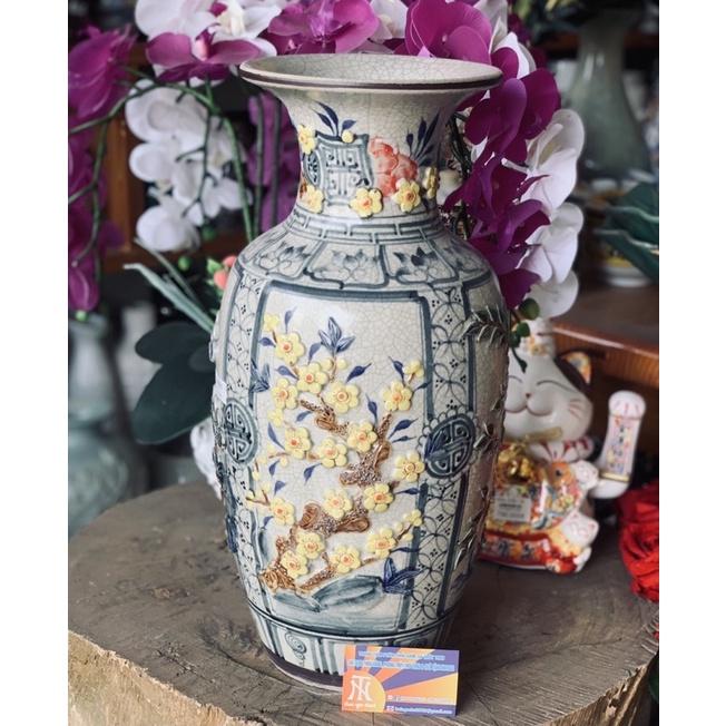Bình Hoa gốm sứ men rạn đắp nổi tứ cảnh Bát Tràng.