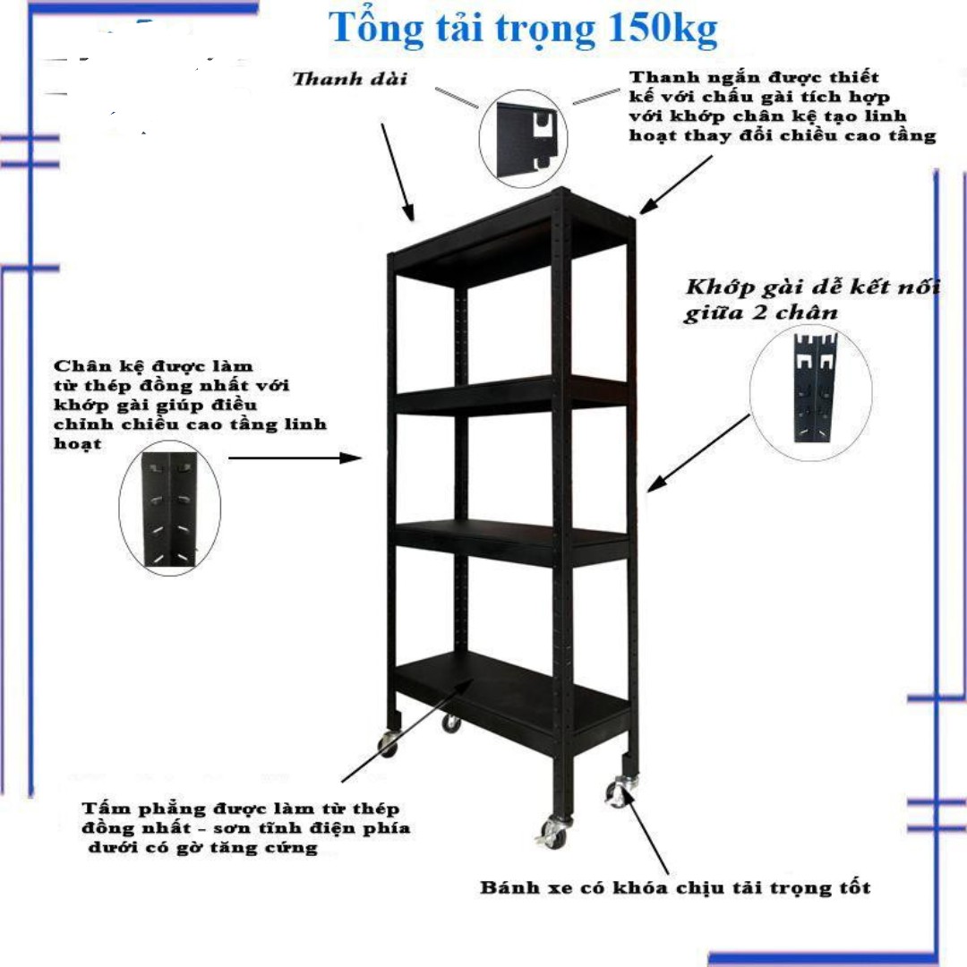 Kệ có bánh xe 4 tầng đa năng 76cm màu đen