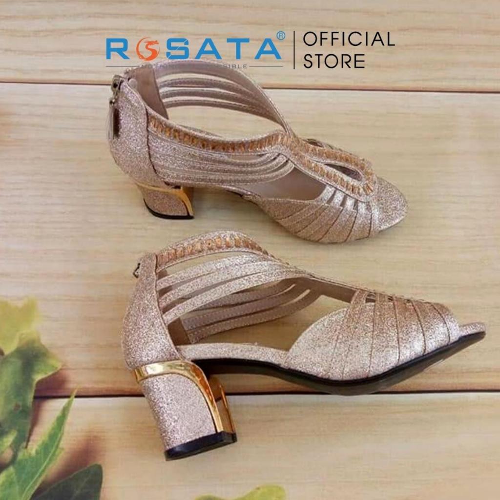 Giày sandal cao gót nữ ROSATA RO172 mũi tròn xỏ ngón phối dây kim tuyến quai kéo gót vuông cao 5cm xuất xứ Việt Nam - Gold