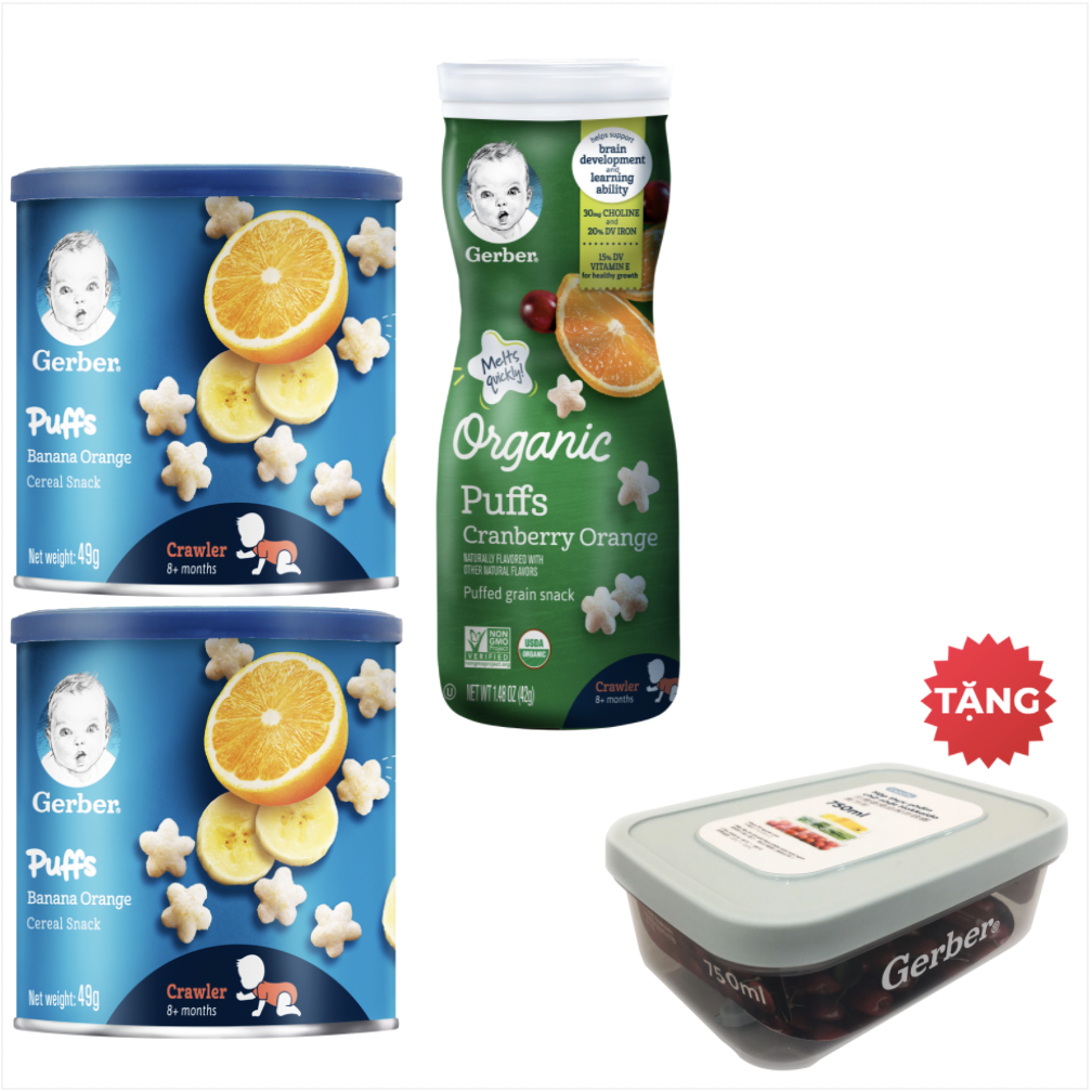 Combo 03 (2 Gerber Puffs Cam Chuối + 1 Gerber Organic Nam Việt Quất Cam) TẶNG Hộp Nhựa Lưu Trữ Thức Ăn