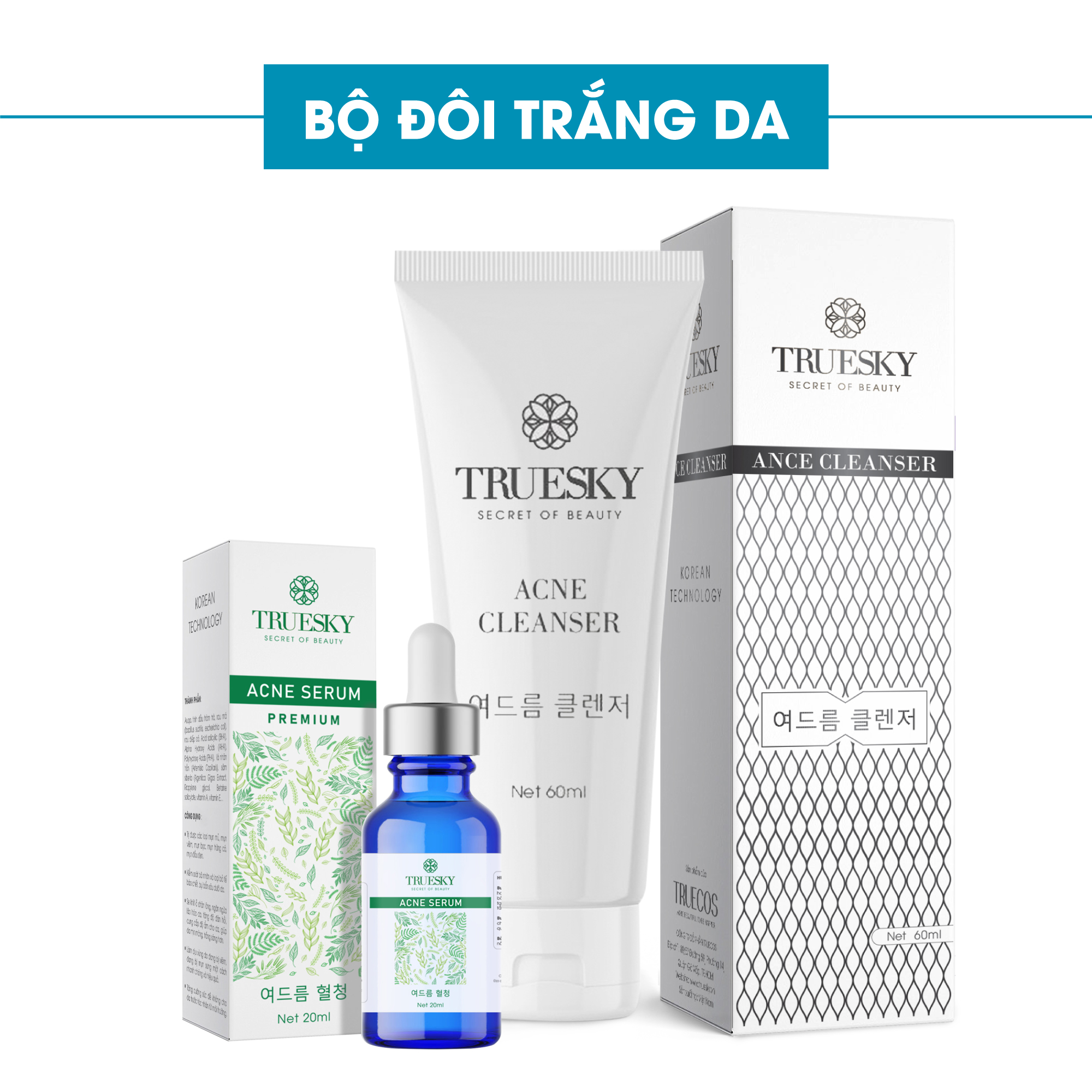 Bộ ngừa mụn da mặt Truesky Premium gồm 1 serum ngừa mụn tràm trà 20ml + 1 sữa rửa mặt tạo bọt than hoạt tính 60ml