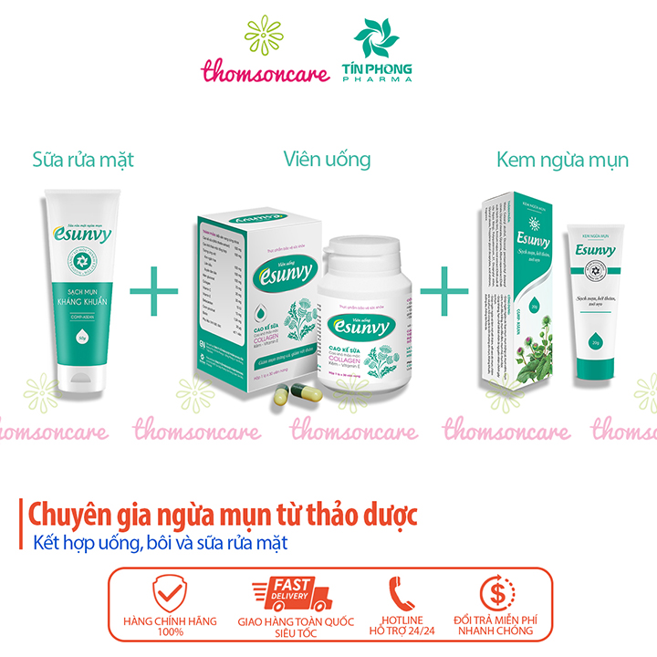 Combo ngừa mụn trứng cá từ thảo dược Esunvy - Viên uống, kem bôi, sữa rửa mặt - Giải độc, mát gan, giảm mụnn, mờ thâm