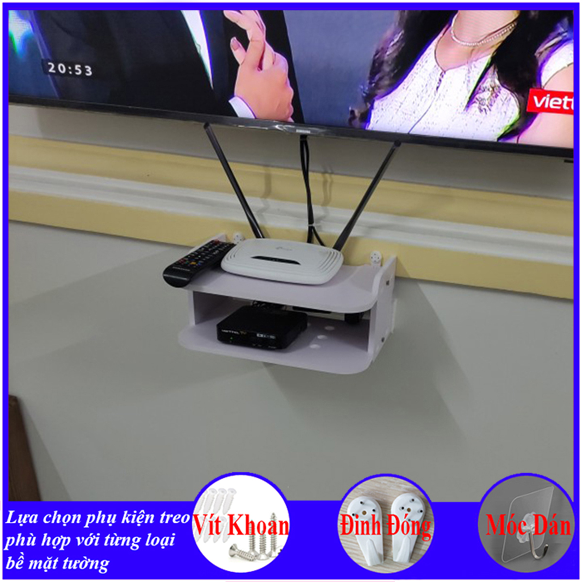 Kệ treo tường, kệ đặt modem wifi, đầu thu kỹ thuật số, remote, điện thoại, chất liệu gỗ Pitech cao cấp màu trắng