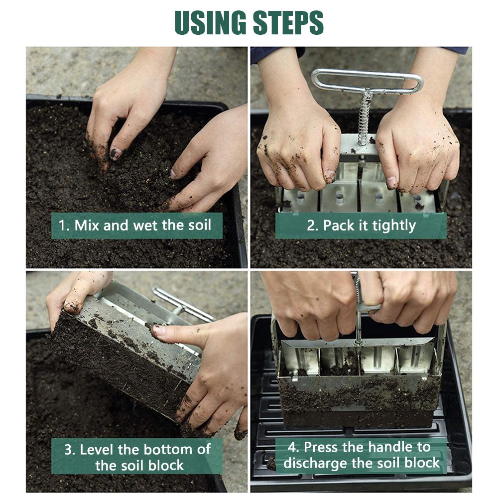 Manual Quad Soil Blocker 2 Inches Soil Block Maker Zinc Alloy Handheld Soil Blocking Tool for Seedlings Cuttings Garden