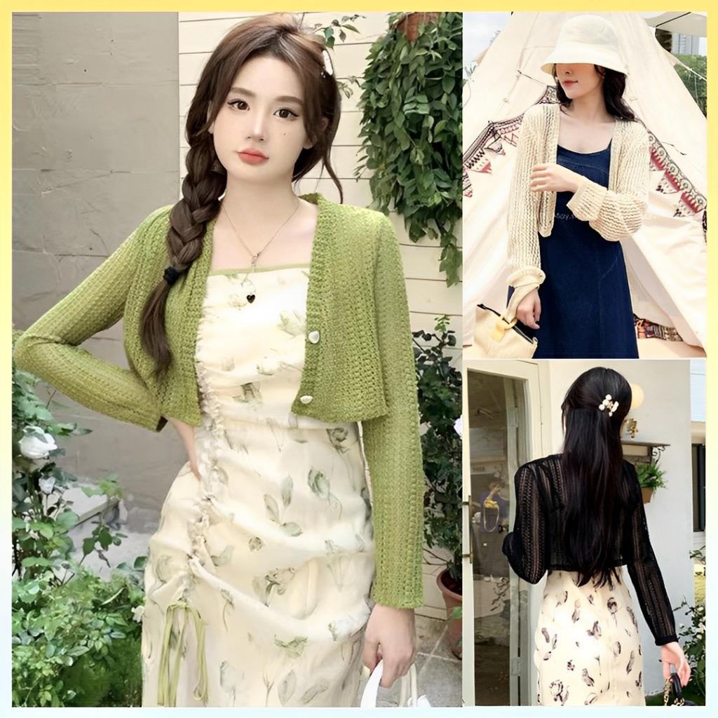 Áo khoác len LƯỚI Montoghi CÀI NÚT TIM tay dài dáng lửng Quảng Châu xinh xắn