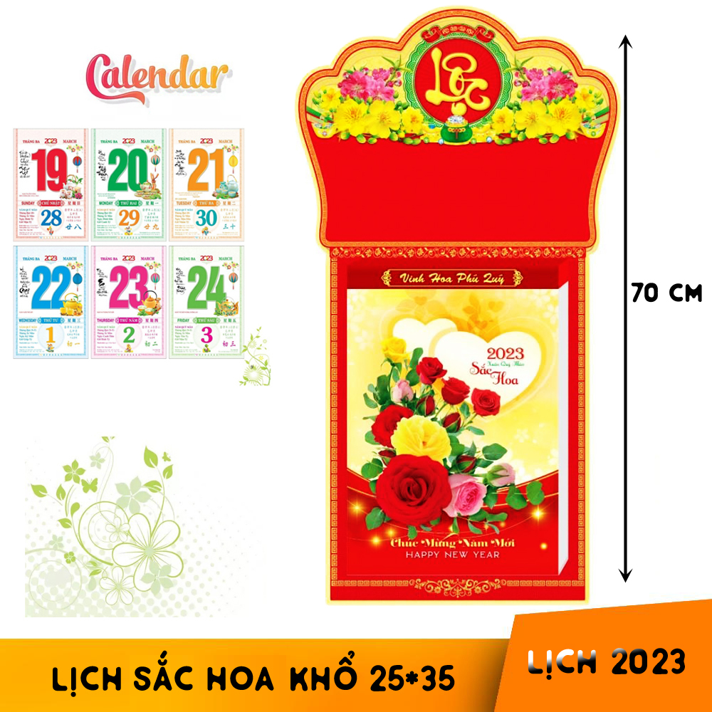 Lịch bloc 2023 loại lớn Sắc hoa mừng xuân Quý Mão 2023 kích thước chiều dài tổng 70cm khổ bloc 25 * 35
