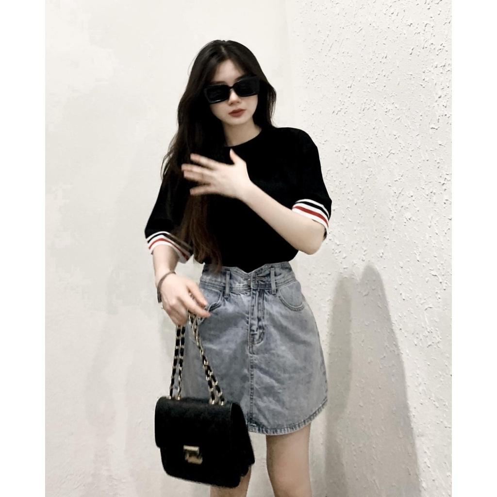 Áo Thun Đen Cổ Tròn Unisex Thome Tay Bo Sọc Cộc Tay