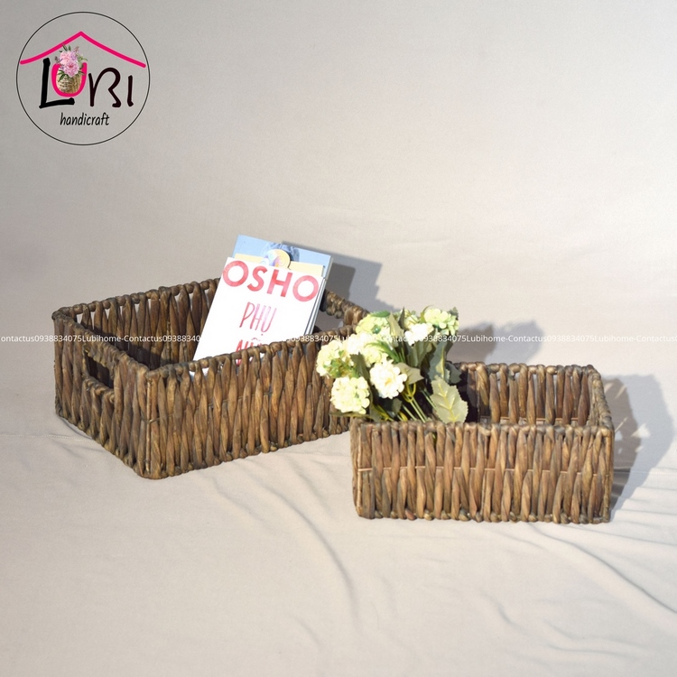 Sọt đựng đồ lục bình hình chữ nhật bộ 3 - màu nâu đan vặn dọc