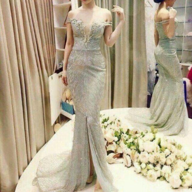 Đầm maxi bẹt vai thêu lưới