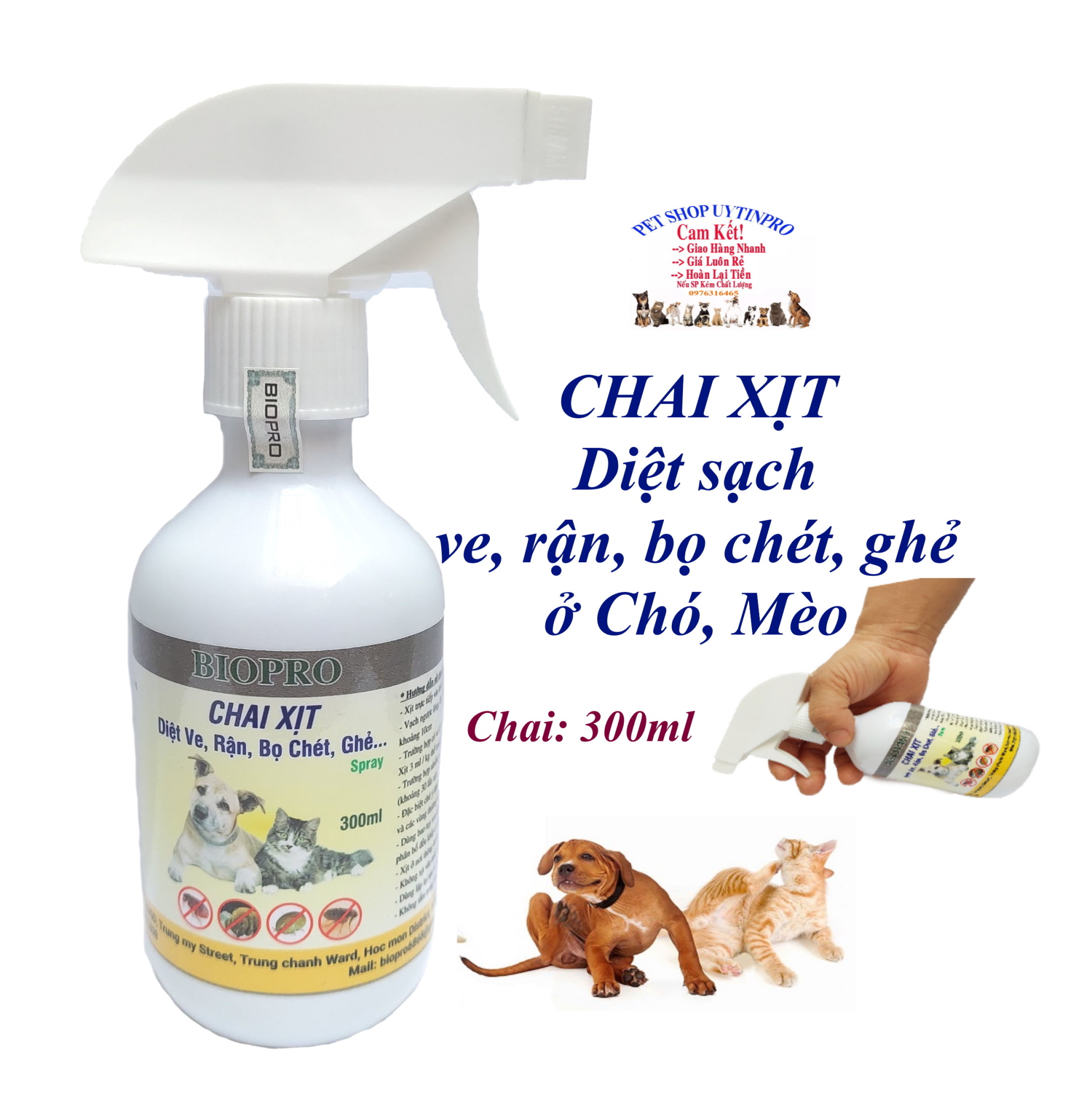 Chai xịt diệt sạch ve, rận, bọ chét cho Chó Mèo BioPro Chai 300ml Giúp diệt sạch và phòng ve, rận, bọ chét cho thú cưng