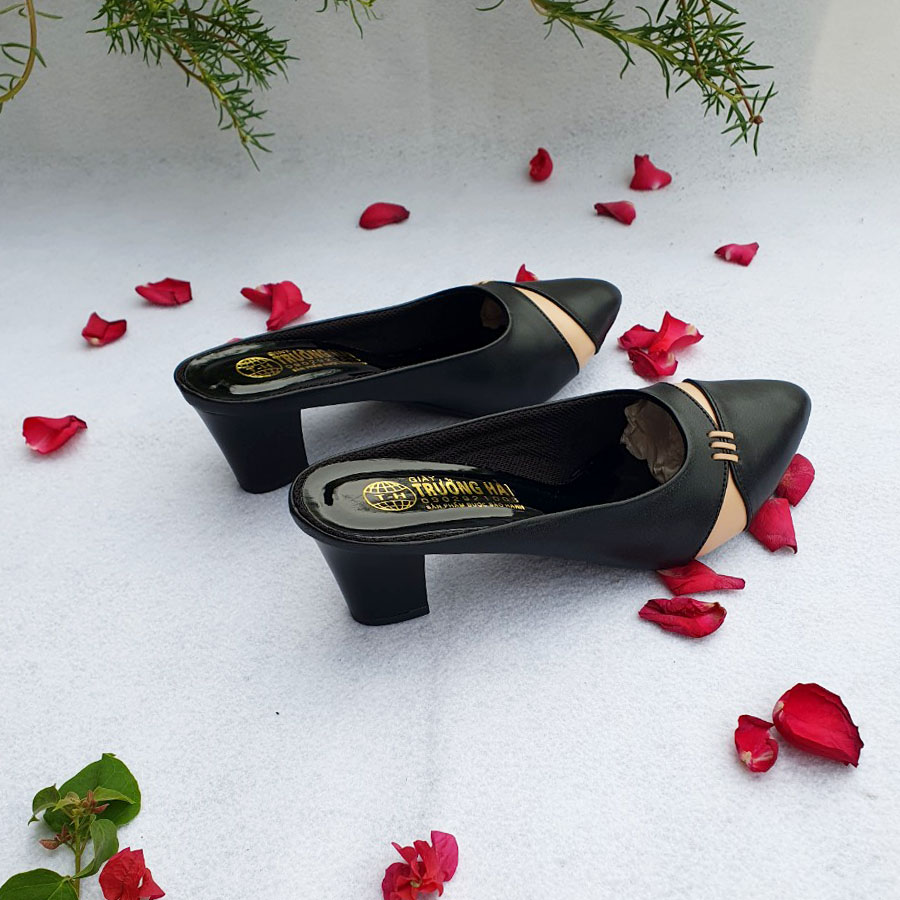 Dép sực cao gót nữ 5cm đen da mềm BM09