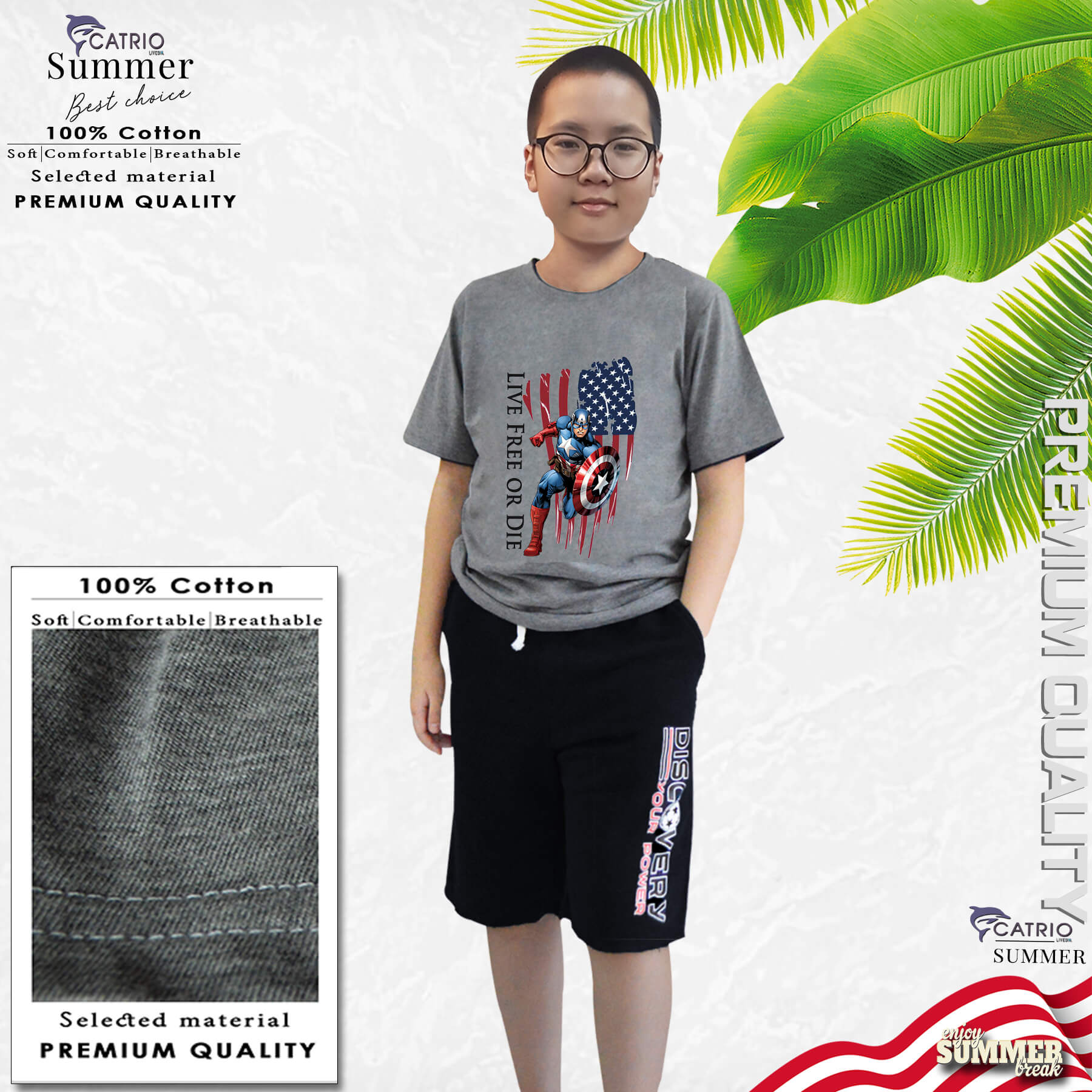 ÁO PHÔNG BÉ TRAI NGẮN TAY CATRIO in LIVE là áo thun trẻ em từ 5 tuổi đến 12 tuổi màu XÁM, chất liệu 100% cotton an toàn, áo thun bé trai thuộc BST quần áo thời trang trẻ em CATRIO