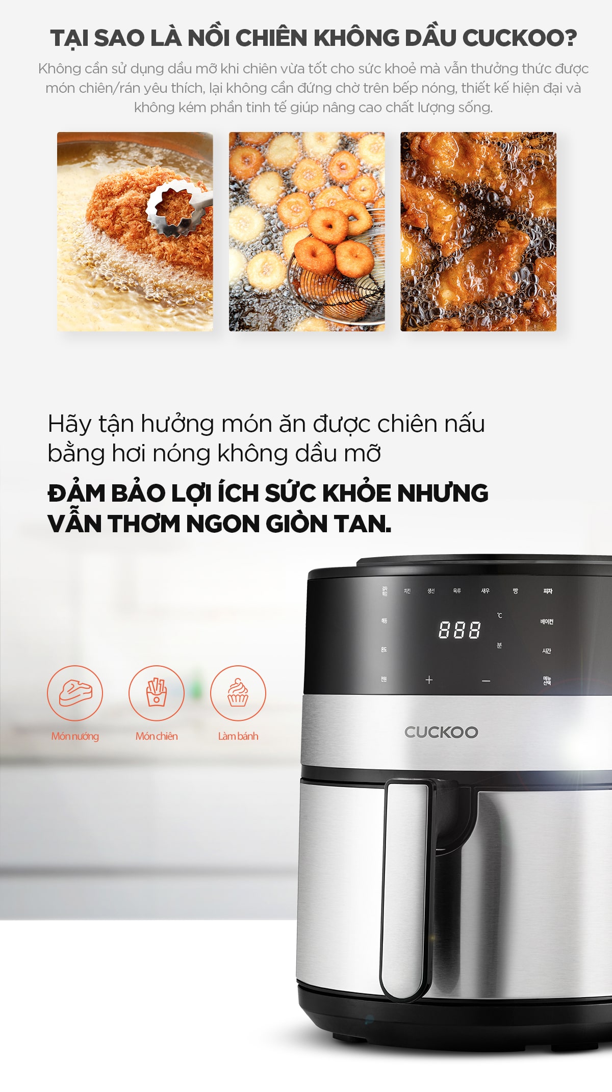 Nồi chiên không dầu điện tử Cuckoo 4.7L CAF-F0410T - Công suất 1350W - Giỏ chiên chống dính, không cần lật trở - Màn hình LED thông minh - Chất lượng Hàn Quốc - Hàng chính hãng Cuckoo Vina