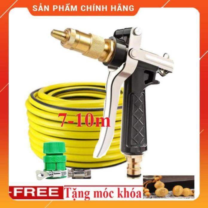 ️ Bộ dây vòi xịt nước rửa xe, tưới cây , tăng áp 3 lần, loại 7m, 10m 206236 đầu đồng,đai+ móc khoá