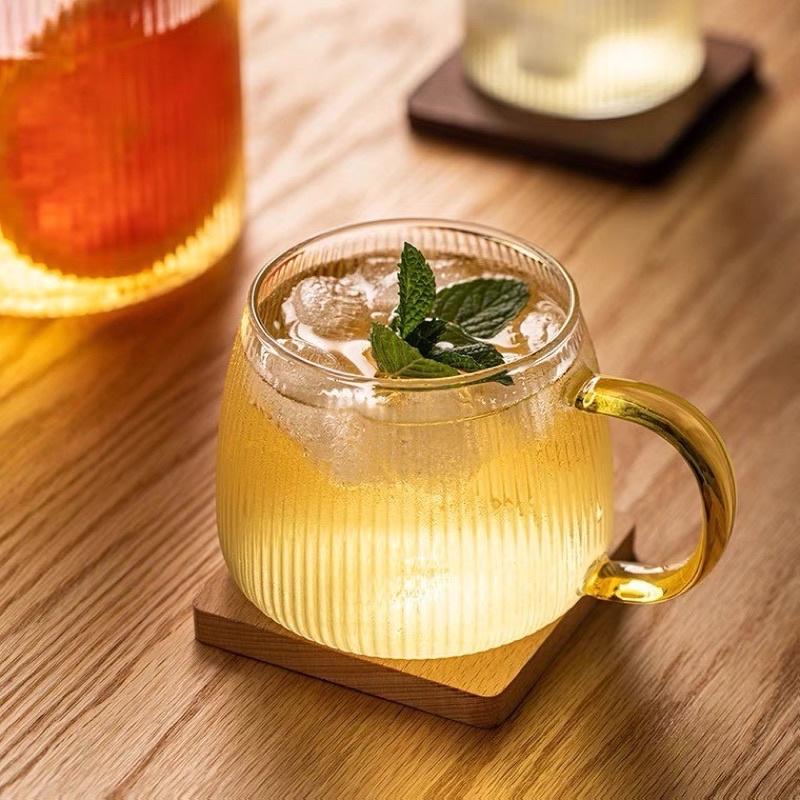 Cốc thủy tinh Vân sọc bầu Quai vàng , Cốc sinh tố, ly trà cafe thủy tinh cao cấp