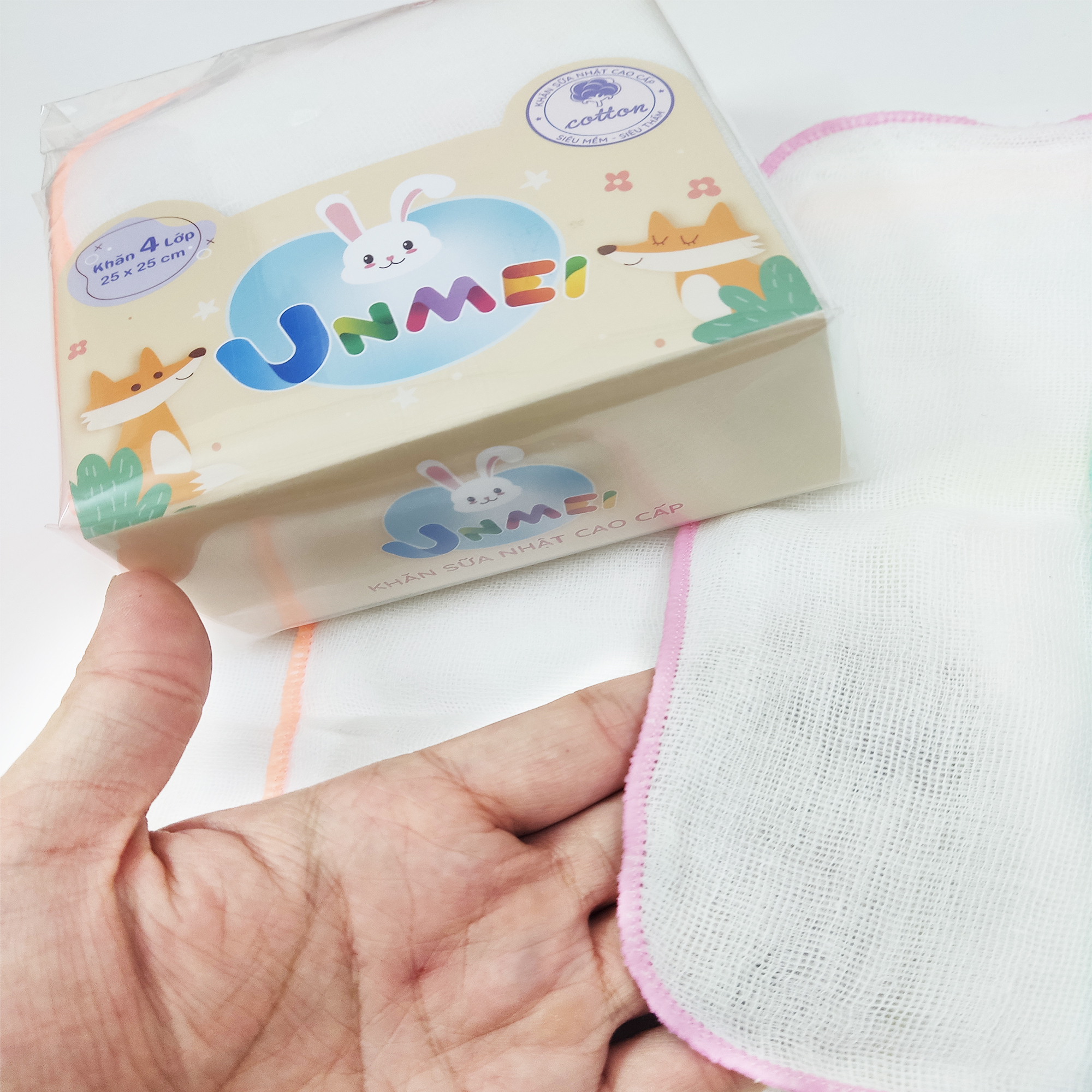 Bịch 10 Khăn sữa Cotton viền màu 4 lớp an toàn cho trẻ sơ sinh - Unmei (Khăn kích thước 25cm x 25cm)