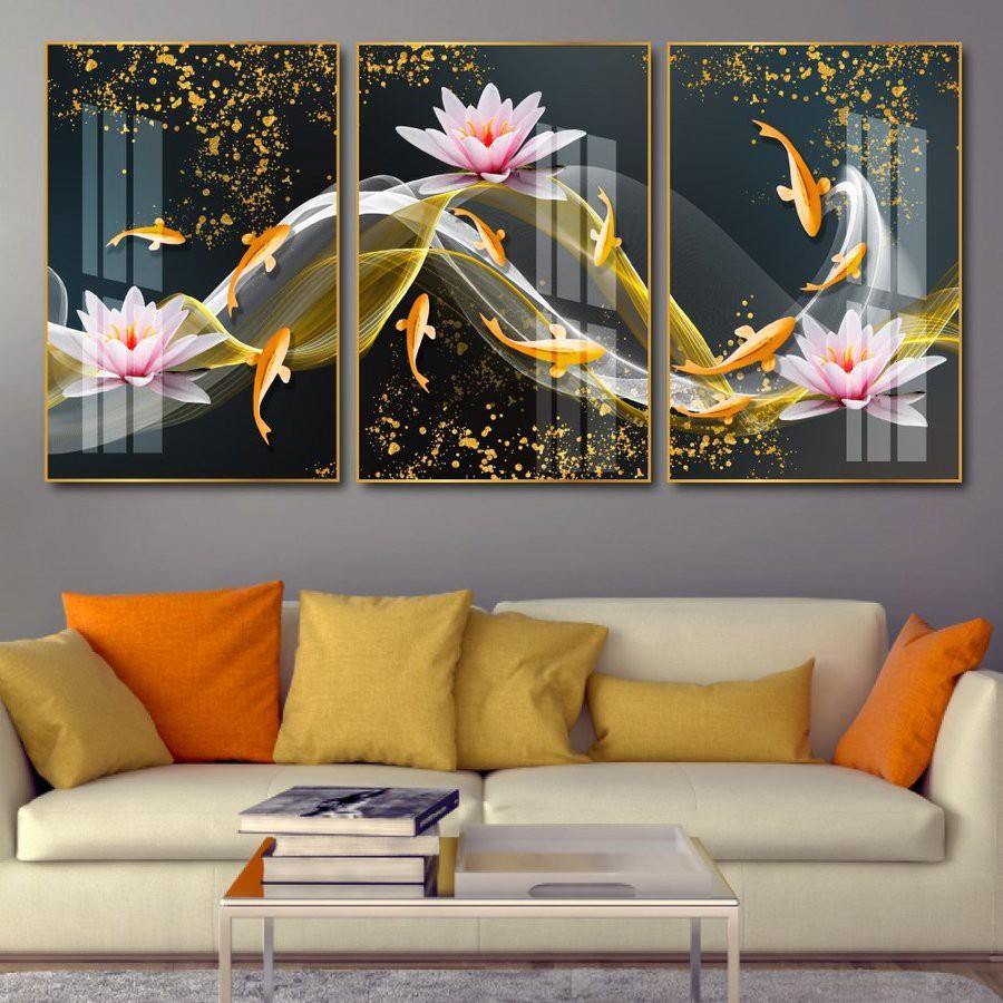 Tranh treo tường tráng gương cá chép vàng & hoa sen hồng 3d decor trang trí cầu thang, phòng ngủ và phòng khách bộ 3 bức