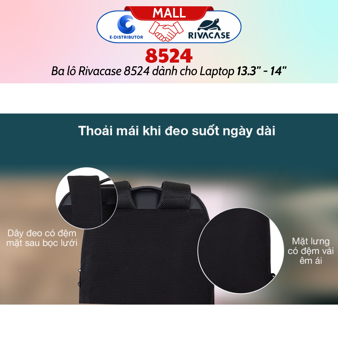 Balô Rivacase 8524 Để Vừa Laptop 13.3&quot; - 14&quot; - Bảo Hành 24 Tháng - Hàng Chính Hãng